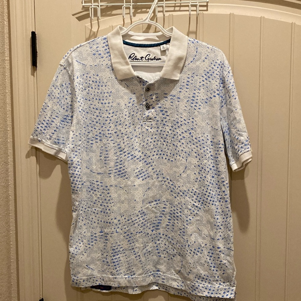 Robert Graham Mens’s Polo Shirt Size M Classic Fit Short Sleeves Blue & White